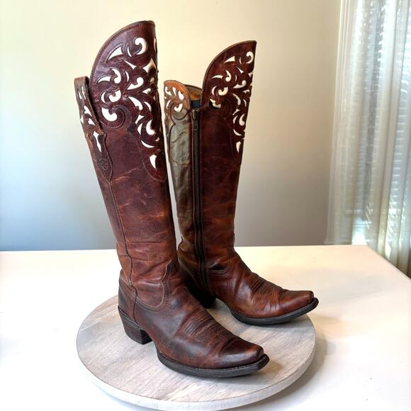 Ariat Hacienda Women's Brown Knee High Leather Inlay Snip Toe Boots Size 7 B 7B - Picture 1 of 13
